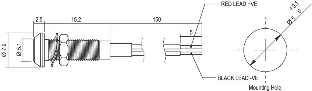 Indicator: LED; flat; 3.2VDC; Cutout: Ø5mm; IP67; 150mm leads; brass