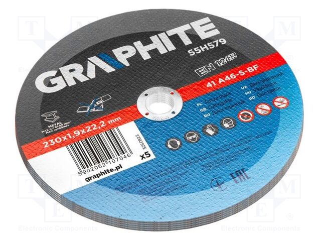 Cutting wheel; Ø: 230mm; Øhole: 22.22mm; Disc thick: 1.9mm; 5pcs.