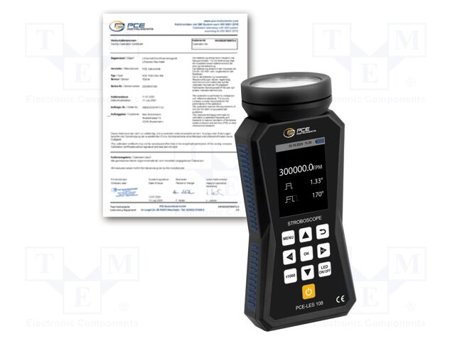 Meter: tachometer, LED stroboscope; Display: LCD 2,8"; IP52; 3h