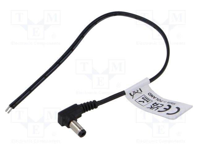 Cable; 2x0.52mm2; DC 5,5/2,5 plug; angled; black; 0.25m; -25÷70°C