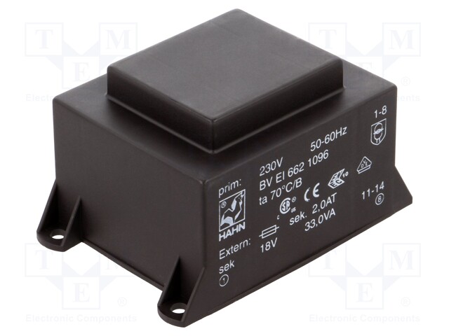 Transformer: encapsulated; 33VA; 230VAC; 18V; 1833mA; Mounting: PCB