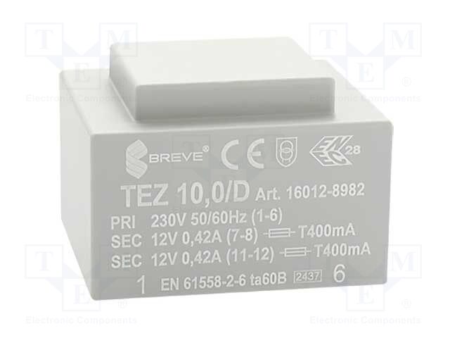 Transformer: encapsulated; 10VA; 230VAC; 12V; 12V; 416.6mA; 416.6mA