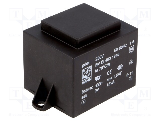 Transformer: encapsulated; 15VA; 230VAC; 9V; 1667mA; Mounting: PCB