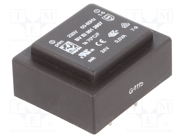 Transformer: encapsulated; 0.5VA; 230VAC; 24V; 21mA; Mounting: PCB