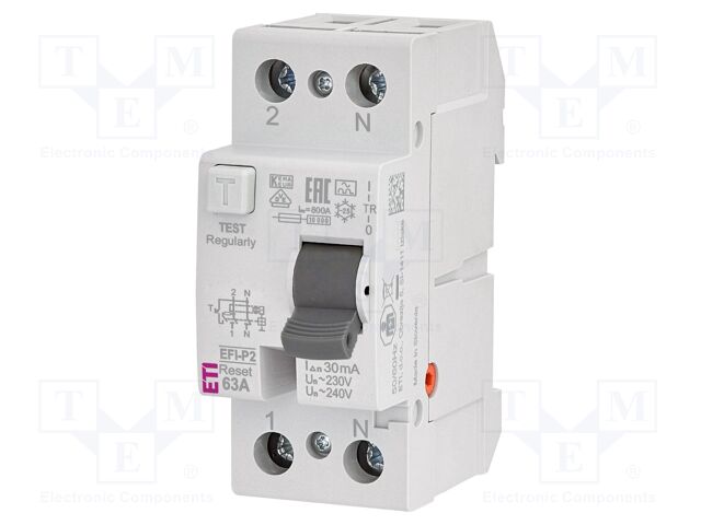 RCD breaker; Inom: 63A; Ires: 30mA; Poles: 2; 230V,240V; IP20; EFI