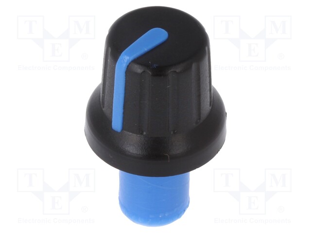 Knob; with pointer; ABS; Shaft d: 6mm; Ø16x14.4mm; black; push-in