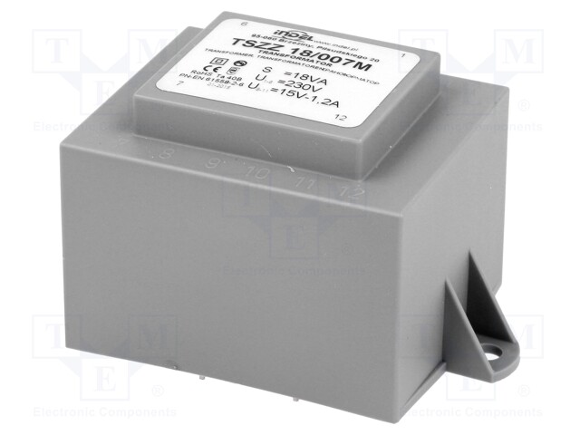 Transformer: encapsulated; 18VA; 230VAC; 15V; 1.2A; Mounting: PCB