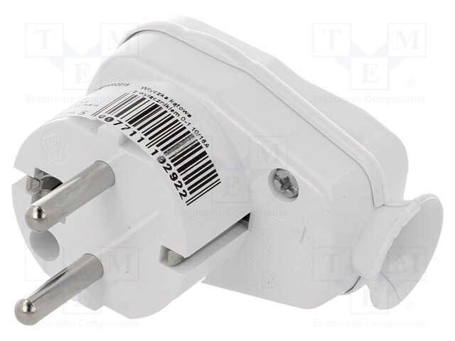 Connector: AC supply; plug; Layout: 2P+PE; white; 250VAC; 16A; PIN: 3