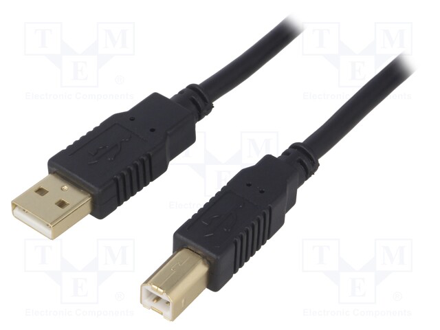 Cable; USB 2.0; USB A plug,USB B plug; gold-plated; 5m; black