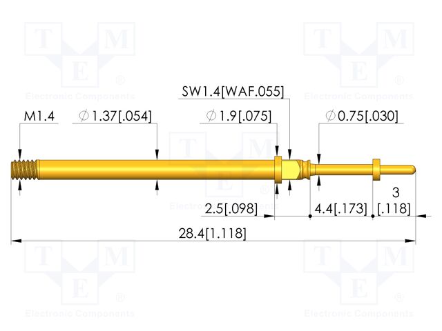 Test needle; Spring compression: 3.5mm; 4.4mm; 5A; CuBe; Ø: 0.65mm