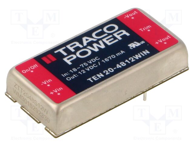 Converter: DC/DC; 20W; Uin: 18÷75V; 12VDC; Iout: 1670mA; 2"x1"; 27g