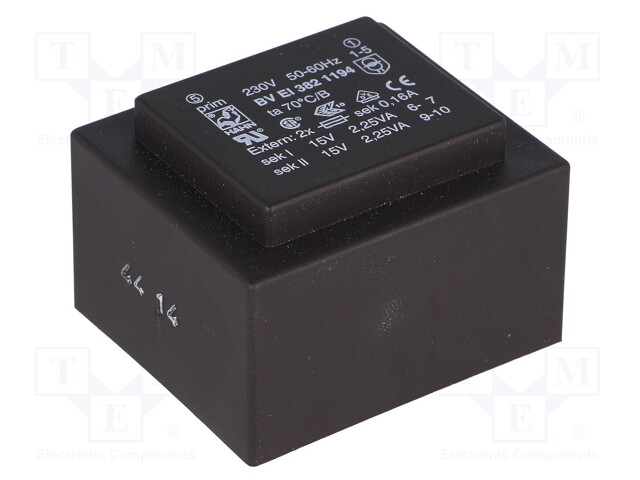 Transformer: encapsulated; 4.5VA; 230VAC; 15V; 15V; 150mA; 150mA