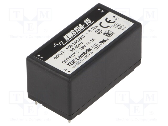 Converter: AC/DC; 15W; Uout: 15VDC; Iout: 1A; 82÷84%; Mounting: THT