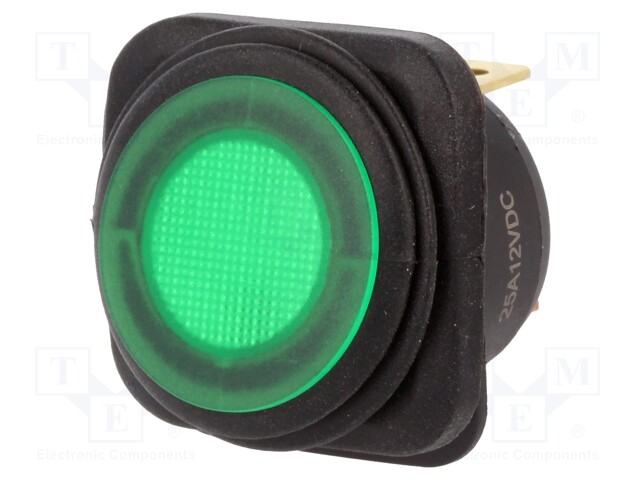 ROCKER; SPST; Pos: 2; OFF-ON; 25A/12VDC; green; IP65; LED 12VDC; 50mΩ