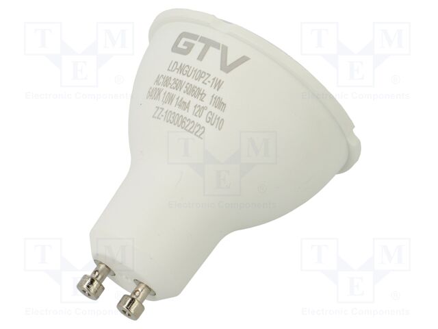 LED lamp; cool white; GU10; 230VAC; 110lm; 1W; 120°; 6400K