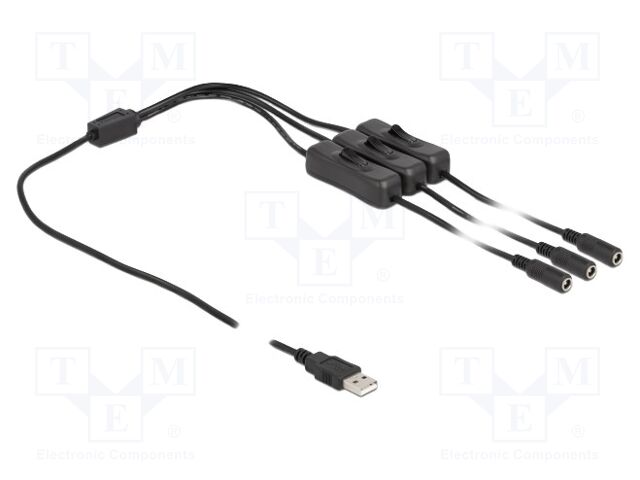Cable; USB A plug,DC 5,5/2,1 socket x3; straight; black; 1m
