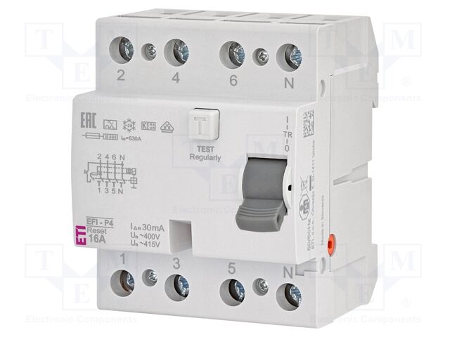 RCD breaker; Inom: 16A; Ires: 30mA; Poles: 4; 400V,415V; IP20; EFI