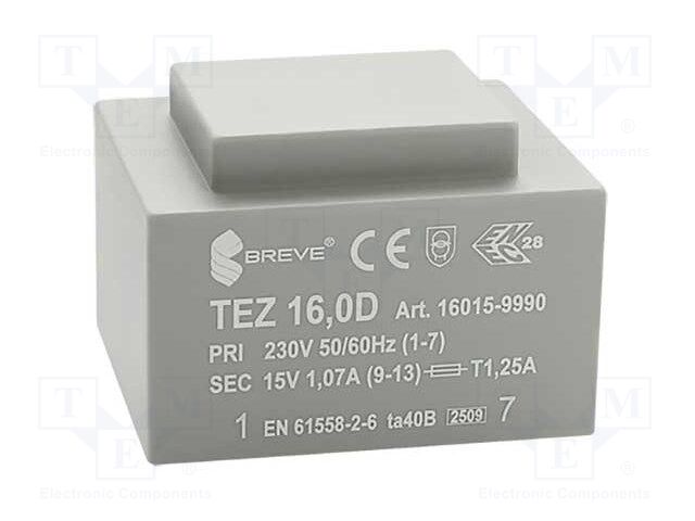Transformer: encapsulated; 16VA; 230VAC; 15V; 1066.6mA; IP00; 420g