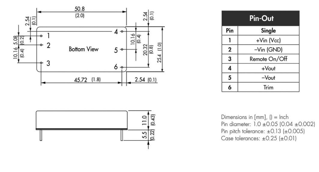 Converter: DC/DC; 50W; Uin: 9÷36V; 5VDC; Iout: 10000mA; 2"x1"; 34g