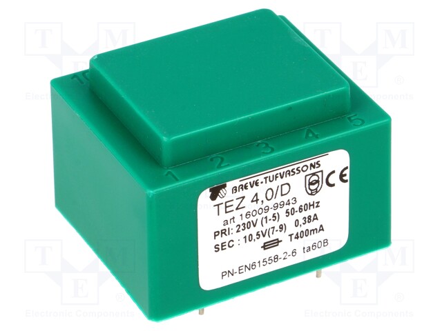 Transformer: encapsulated; 4VA; 230VAC; 10.5V; 380.9mA; IP00; 150g