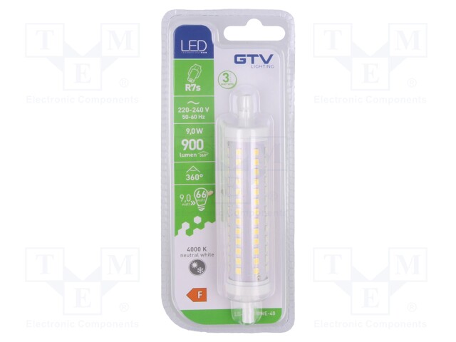 LED lamp; neutral white; R7S; 230VAC; 900lm; 9W; 360°; 4000K