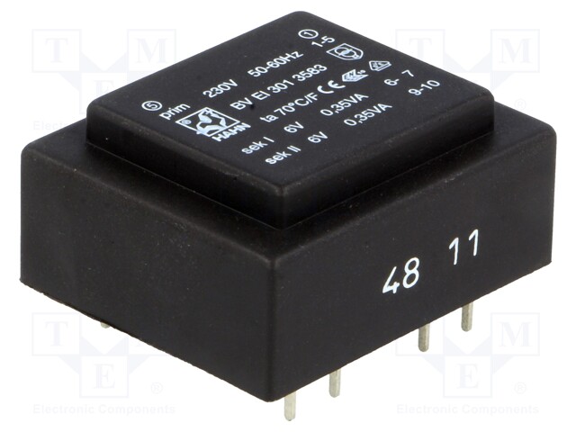 Transformer: encapsulated; 0.7VA; 230VAC; 6V; 6V; 58mA; 58mA; 44g