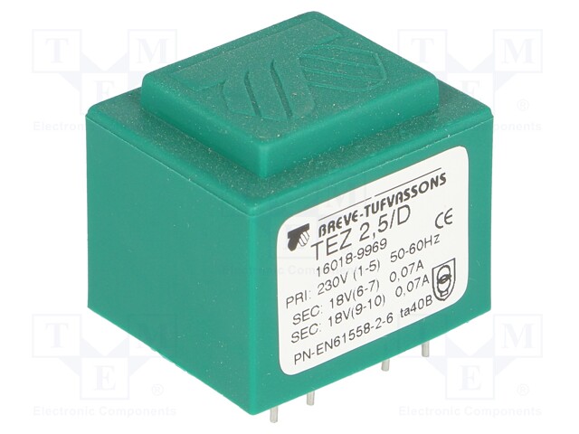 Transformer: encapsulated; 2.5VA; 230VAC; 18V; 18V; 69.4mA; 69.4mA