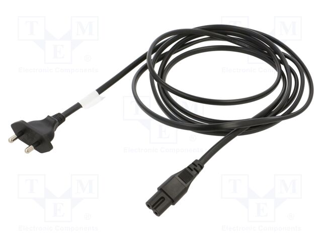 Cable; 2x0.75mm2; IEC C7 female,IS 1293 plug; PVC; 3m; black; 2.5A