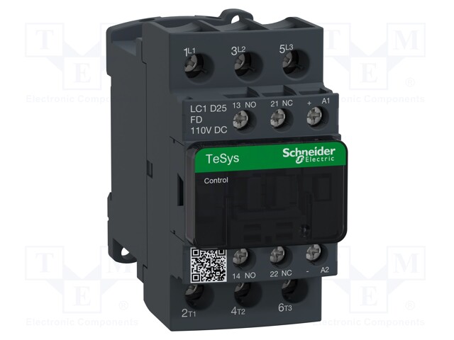 Relay Contactor, TeSys D Series, 3PST-NO, 3P, 25 A at 440 VAC, 15 kW at 690 VAC