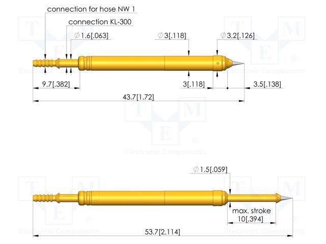 Test needle; Spring compression: 6mm; 10mm; 2A; steel; gold-plated