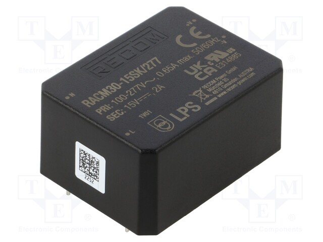 Converter: AC/DC; 30W; 85÷305VAC; 15VDC; Iout: 2A; 90%; PCB; 4000V