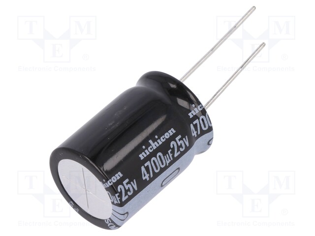 Capacitor: electrolytic; THT; 4700uF; 25VDC; Ø18x25mm; Pitch: 7.5mm