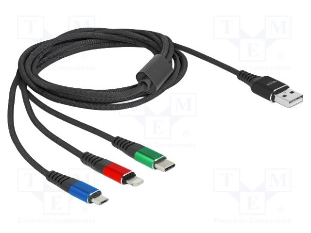 Cable; USB 2.0; 2m; black; Cu,tinned; 22AWG; metal; textile; 5V; 3A