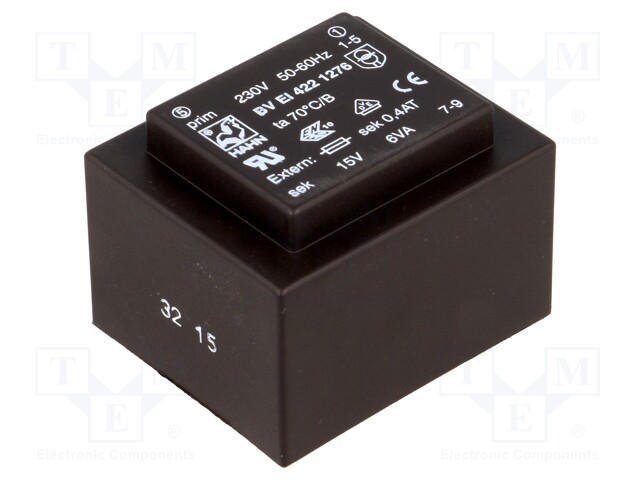 Transformer: encapsulated; 6VA; 230VAC; 15V; 400mA; Mounting: PCB