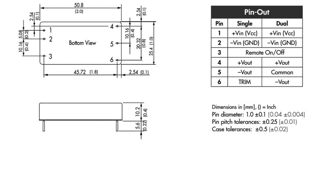 Converter: DC/DC; 60W; Uin: 18÷75V; 12VDC; Iout: 5000mA; 2"x1"; 33g