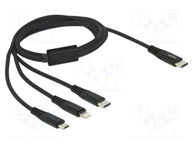 Cable; USB 2.0; 1m; black; Cu,tinned; 22AWG; metal; textile; 5V; 3A