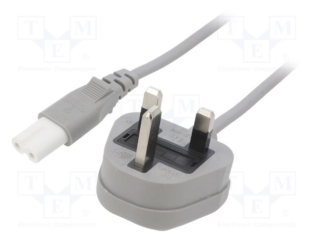 Cable; 2x0.75mm2; BS 1363 (G) plug,IEC C7 female; PVC; 1m; grey