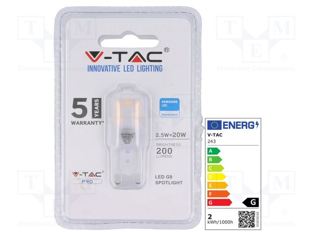 LED lamp; warm white; G9; 220/240VAC; 200lm; 2.5W; 3000K; CRImin: 80