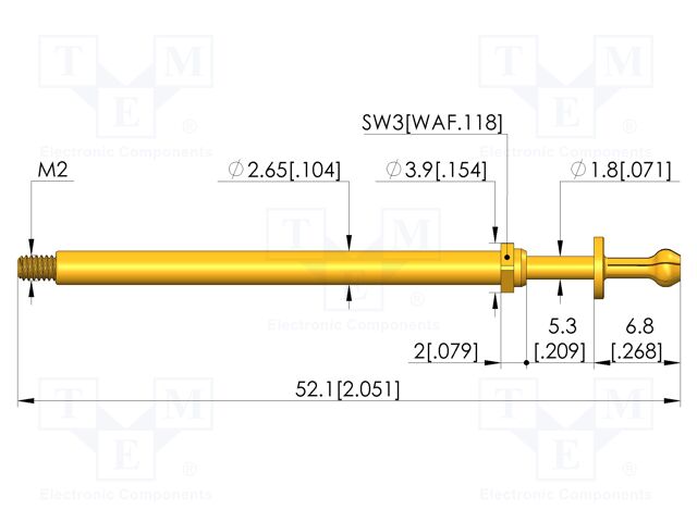 Test needle; Spring compression: 4mm; 5.3mm; 16A; CuBe; Ø: 3mm; 10N