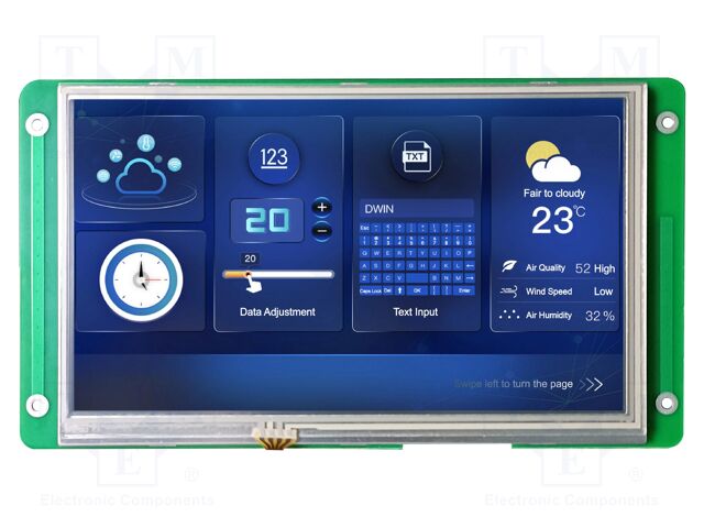 Display: TFT; 7"; 1024x600; Illumin: LED; 32MBFLASH; RGB; 600cd/m2