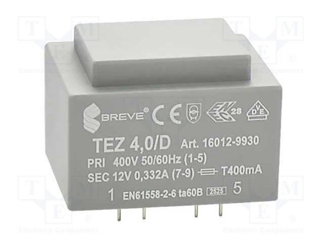 Transformer: encapsulated; 4VA; 400VAC; 12V; 333.3mA; Mounting: PCB