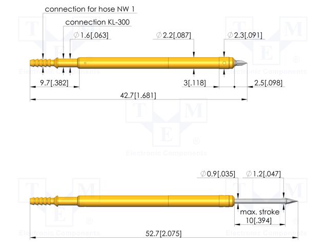 Test needle; Spring compression: 6mm; 10mm; 2A; steel; Ø: 1mm; 0.8N