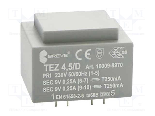 Transformer: encapsulated; 4.5VA; 230VAC; 9V; 9V; 250mA; IP00; 150g