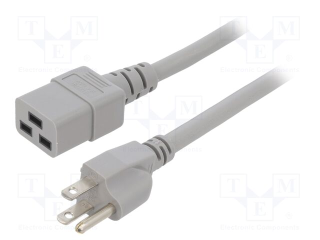 Cable; 3x14AWG; IEC C19 female,NEMA 5-15 (B) plug; PVC; 1m; grey