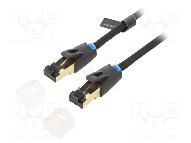 Patch cord; S/FTP; Cat 8; Cu; textile braid,PVC; black; 1.5m; 30AWG