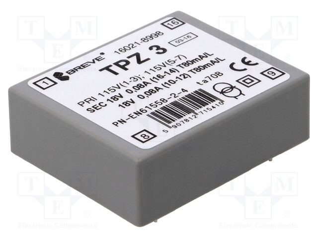 Transformer: mains; 3VA; 115VAC; 18V; 18V; Mounting: PCB; IP00