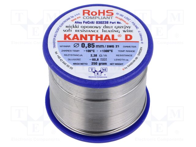 Resistance wire; 2.38Ω/m; -100÷1300°C; 0.25kg; Øout: 0.85mm; 21SWG