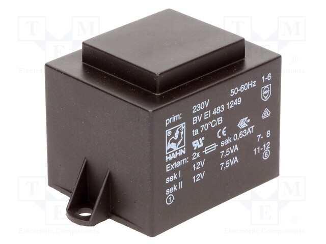 Transformer: encapsulated; 15VA; 230VAC; 12V; 12V; 625mA; 625mA