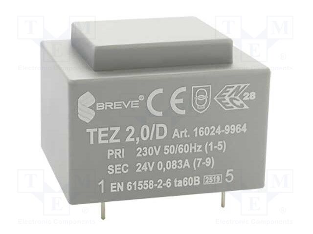 Transformer: encapsulated; 2VA; 230VAC; 24V; 83.3mA; Mounting: PCB