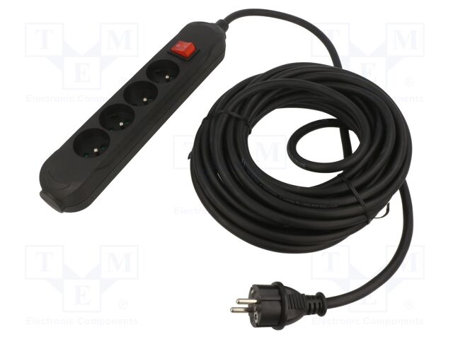 Extension lead; 3x2.5mm2; Sockets: 4; rubber; black; 10m; 16A; PRO